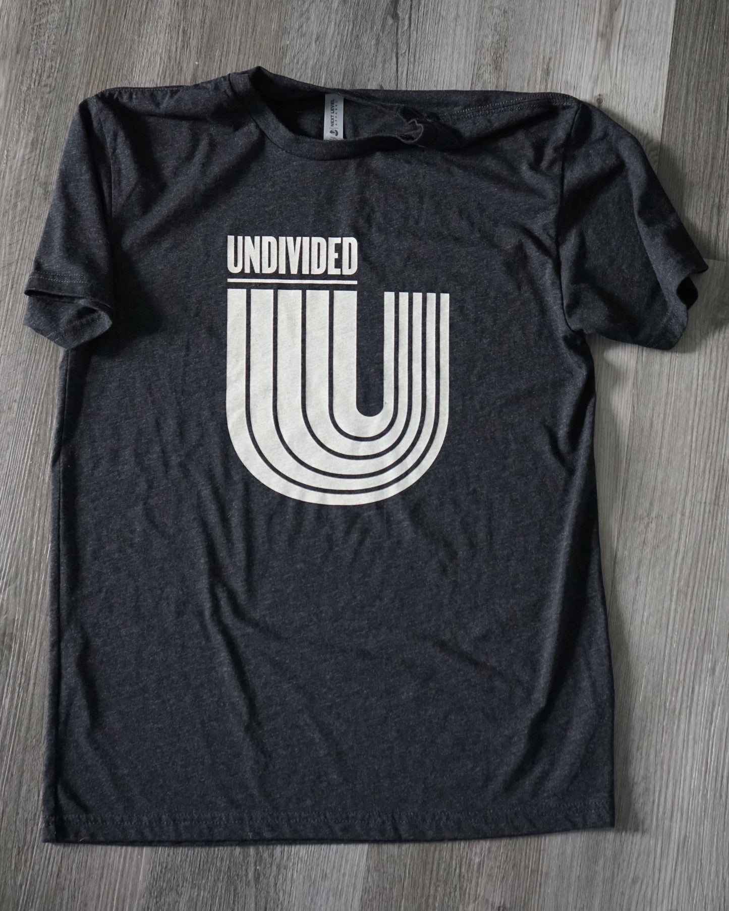Black t-shirt with 'UNDIVIDED' logo on a white background